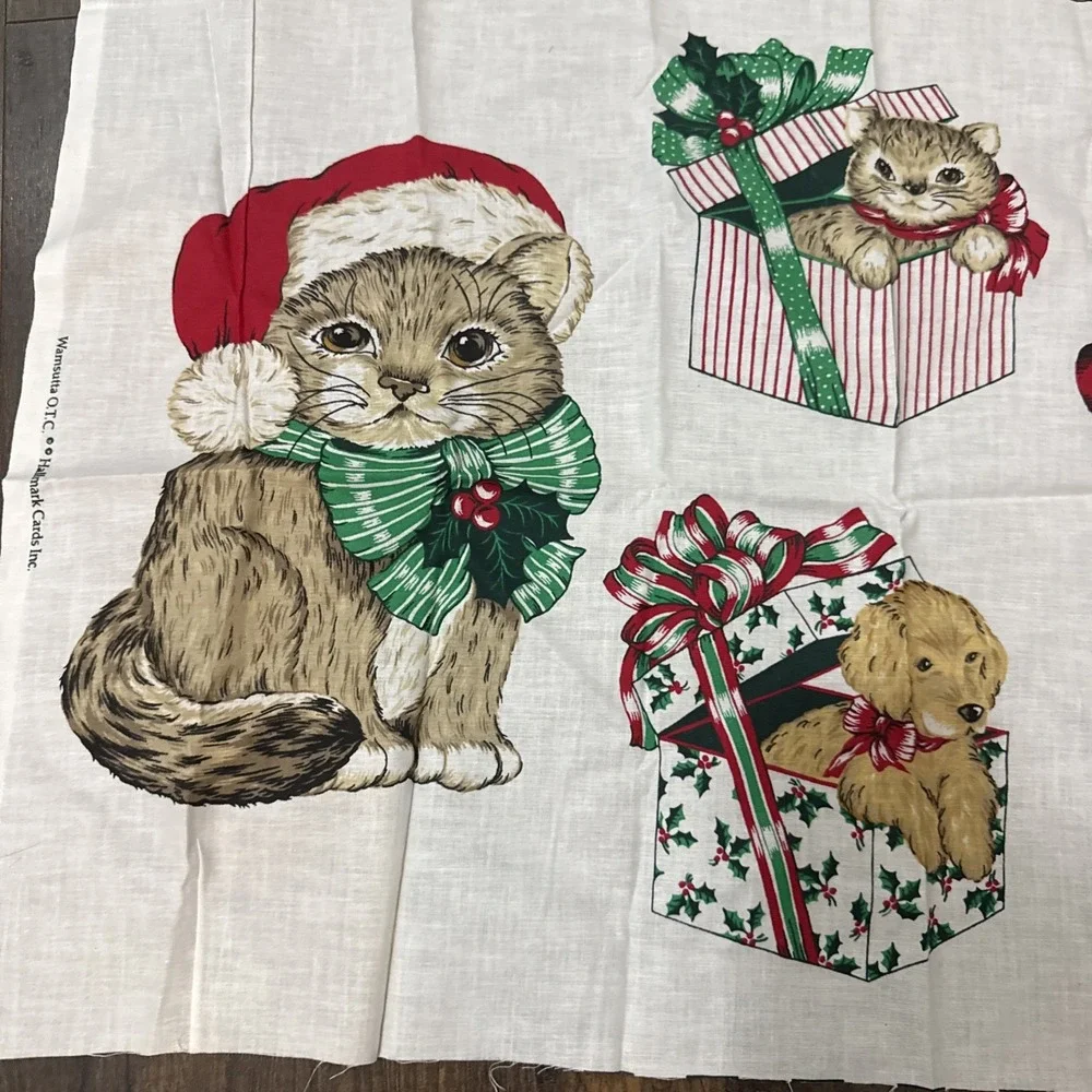Christmas cat dog kitten puppy in Santa hat fabric panel